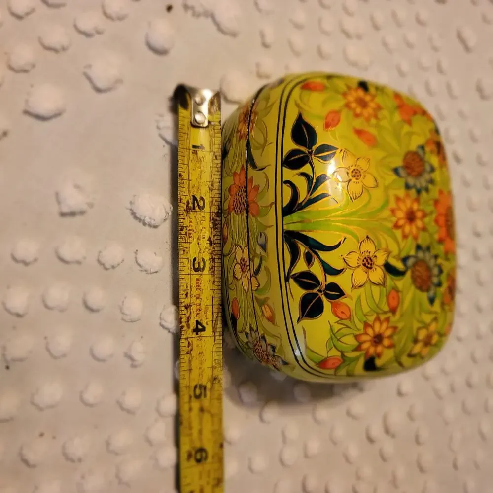Vintage Kashmiri Yellow Floral Lacquer Trinket Lidded Box